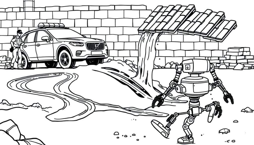 Zwart-wit kleurplaat van een politie-SUV, agent die naar de grond kijkt, een muur met een waterval erboven, en een lopende robot met grijpers. De grond is bedekt met stenen en puin.