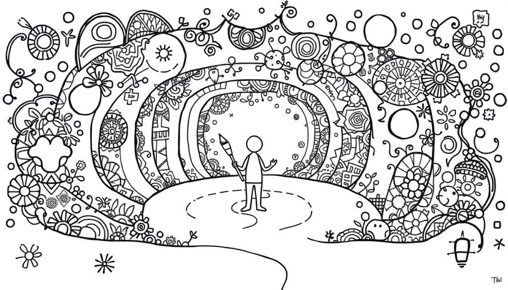 Kleurplaat van een poppetje met stokjesarmen en -benen, die een kwast vasthoudt voor een versierde boogvormige tunnel.