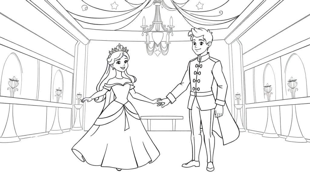 Zwart-wit tekening van een lachende prinses met kroon en een prins met cape, hand in hand in een grote balzaal met kroonluchter en versieringen.