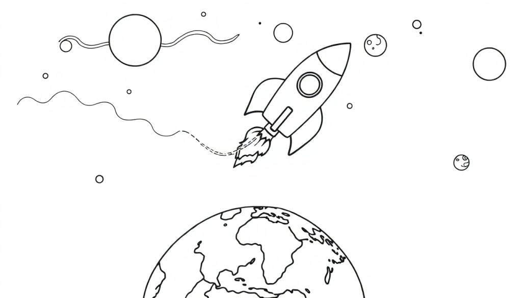 Zwart-wit kleurplaat van een raket die de ruimte in schiet vanaf de aarde, met sterren en planeten.