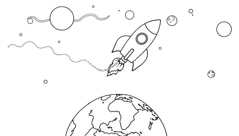 Zwart-wit kleurplaat van een raket die de ruimte in schiet vanaf de aarde, met sterren en planeten.