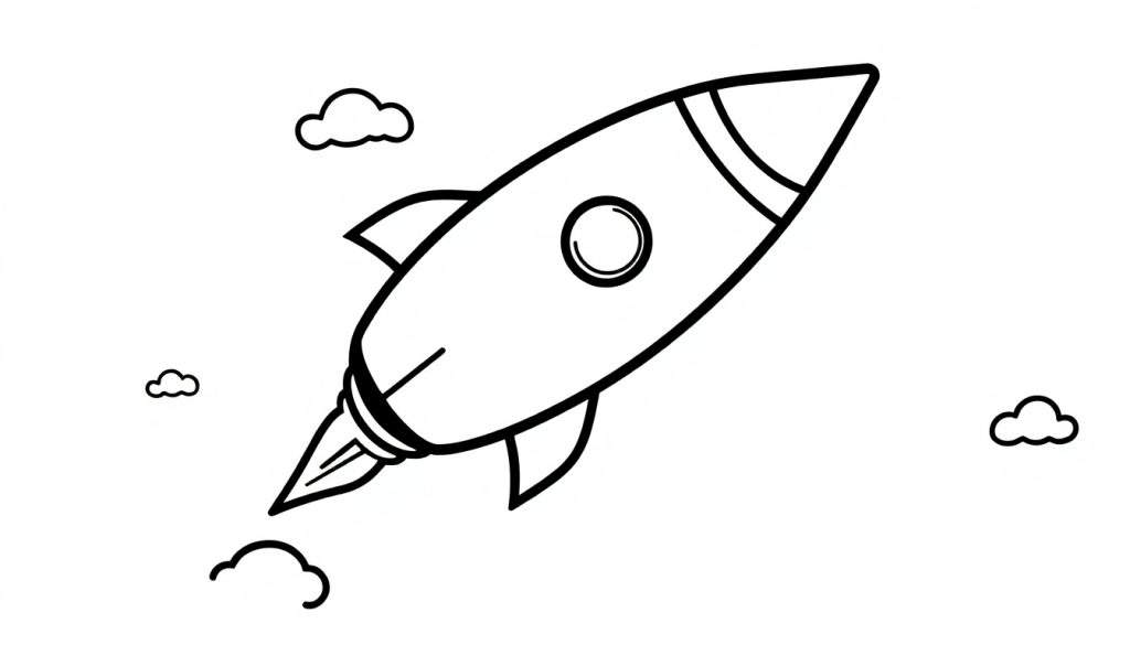 Zwart-wit kleurplaat van een gestroomlijnde raket die schuin omhoog vliegt met een rookpluim en wolkjes.