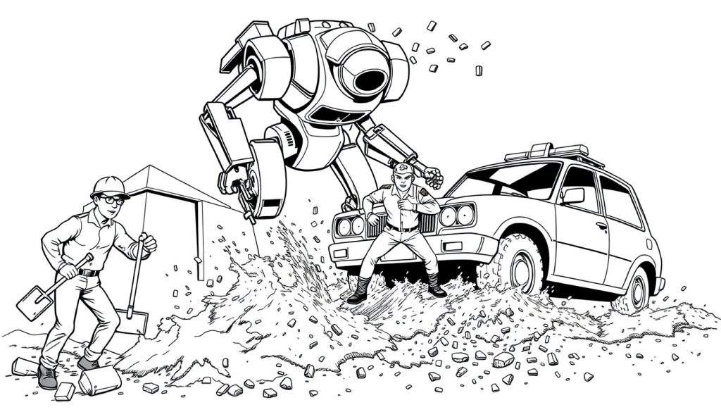 Zwart-wit tekening van een grote, tweebenige robot die landt, met stof, puin en twee mannen (een bouwvakker en een agent) en een auto op de voorgrond. Sci-fi actie scène.