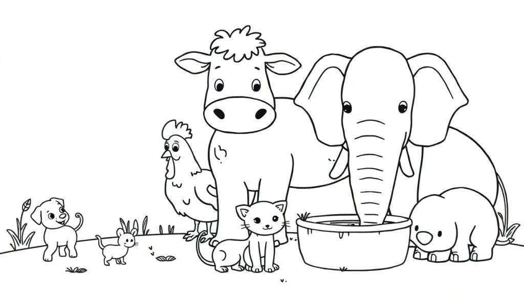 Kleurplaat met een groep schattige, eenvoudig getekende dieren, waaronder een olifant, babyolifant, koe, hondje, kat, kip en muis, staand op een glooiend grasveld.