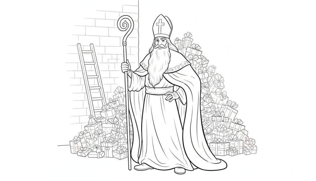 Zwart-wit tekening van Sinterklaas die tussen veel cadeautjes staat, met een ladder tegen een bakstenen muur aan de zijkant.