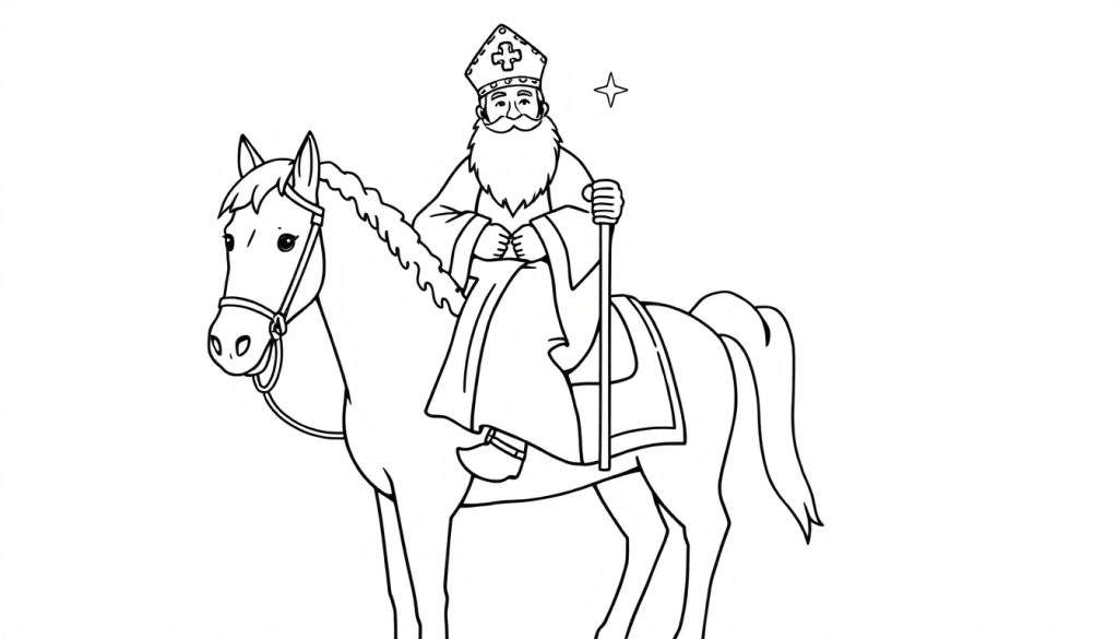 Lijntekening van Sinterklaas op zijn paard, met een ster in de achtergrond.