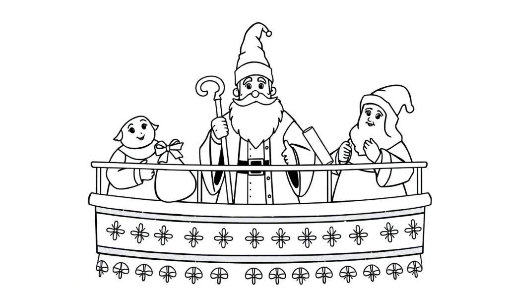 Zwart-wit kleurplaat van Sinterklaas met een lange baard en mijter, staand op een versierd balkon met twee Pieten. Eén Piet heeft een zak met cadeautjes.