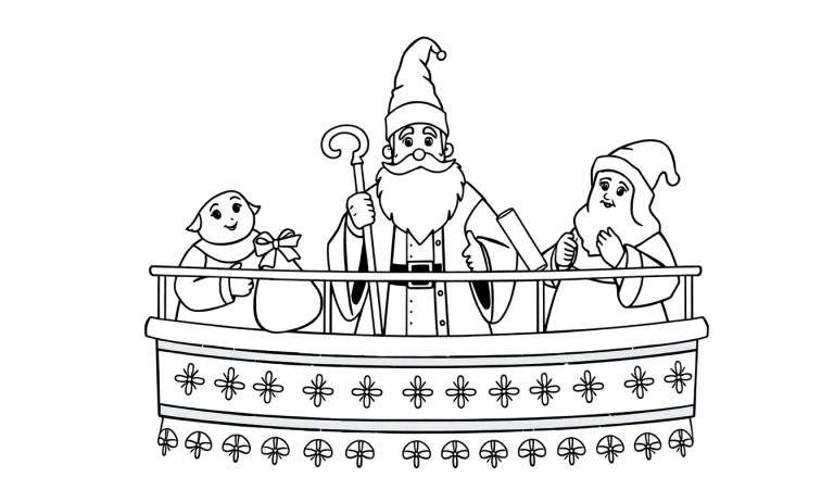 Zwart-wit kleurplaat van Sinterklaas met een lange baard en mijter, staand op een versierd balkon met twee Pieten. Eén Piet heeft een zak met cadeautjes.