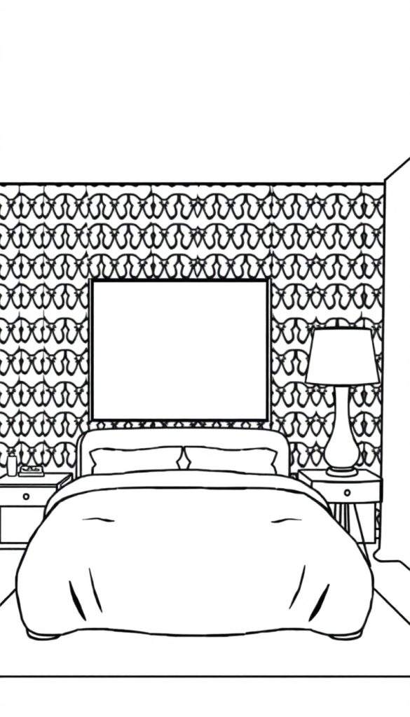 Zwart-wit lijntekening kleurplaat van een slaapkamer met een bed, nachtkastjes, lamp, flesje, wekker en een lege fotolijst boven het bed.