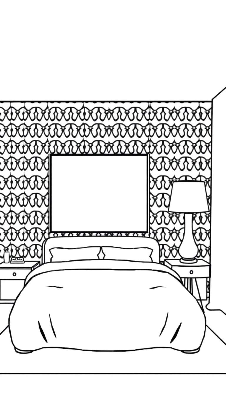 Zwart-wit lijntekening kleurplaat van een slaapkamer met een bed, nachtkastjes, lamp, flesje, wekker en een lege fotolijst boven het bed.