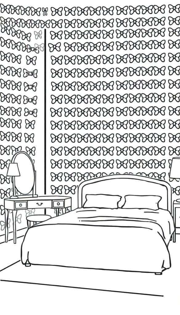 Kleurplaat van een slaapkamer met strikjes behang, een bed, kaptafel met spiegel en krukje.