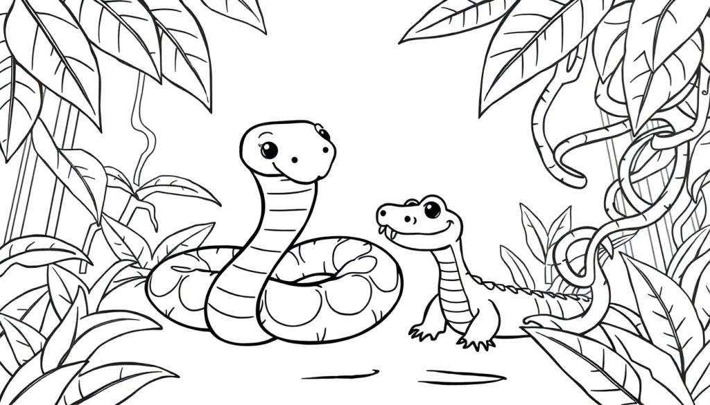 Zwart-wit kleurplaat van een vriendelijke opgerolde slang en een schattige kleine krokodil omringd door grote junglebladeren.