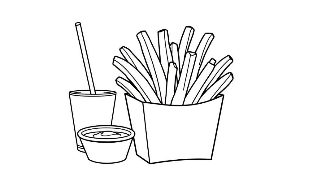 Zwart-wit lijntekening van een bakje friet, een drinkbeker met rietje en een bakje saus, klaar om gekleurd te worden.