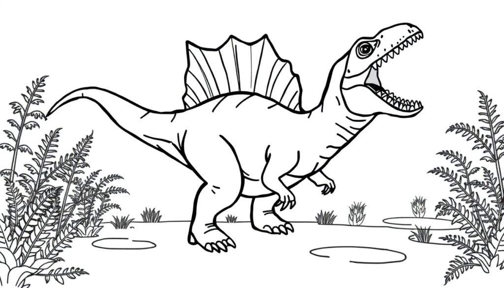 Zwart-wit kleurplaat van een Spinosaurus dinosaurus met opengesperde bek en grote rugvin, staand in een prehistorisch landschap met varenplanten en gras.