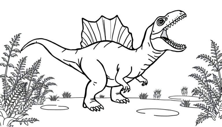 Zwart-wit kleurplaat van een Spinosaurus dinosaurus met opengesperde bek en grote rugvin, staand in een prehistorisch landschap met varenplanten en gras.