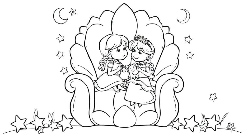 Zwart-wit kleurplaat van twee lachende jonge meisjes op een versierde stoel, met sterren en halve manen op de achtergrond.