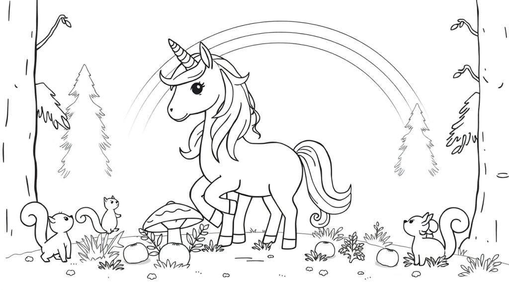 Kleurplaat van een sprookjesachtig boslandschap met een eenhoorn, regenboog, eekhoorns, paddestoel en bomen.