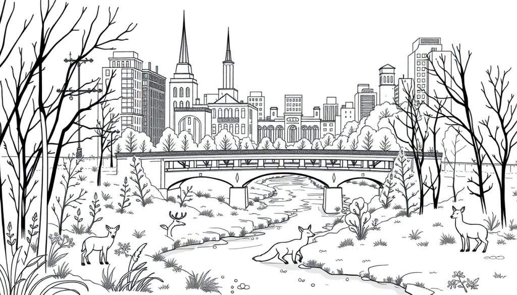 Gedetailleerde zwart-wit lijntekening kleurplaat van een stadsskyline op de achtergrond, een brug met bogen over een rivier in het midden, en een natuurlandschap met kale bomen, gras, planten, bloemen, herten, een reebok en een vos op de voorgrond.
