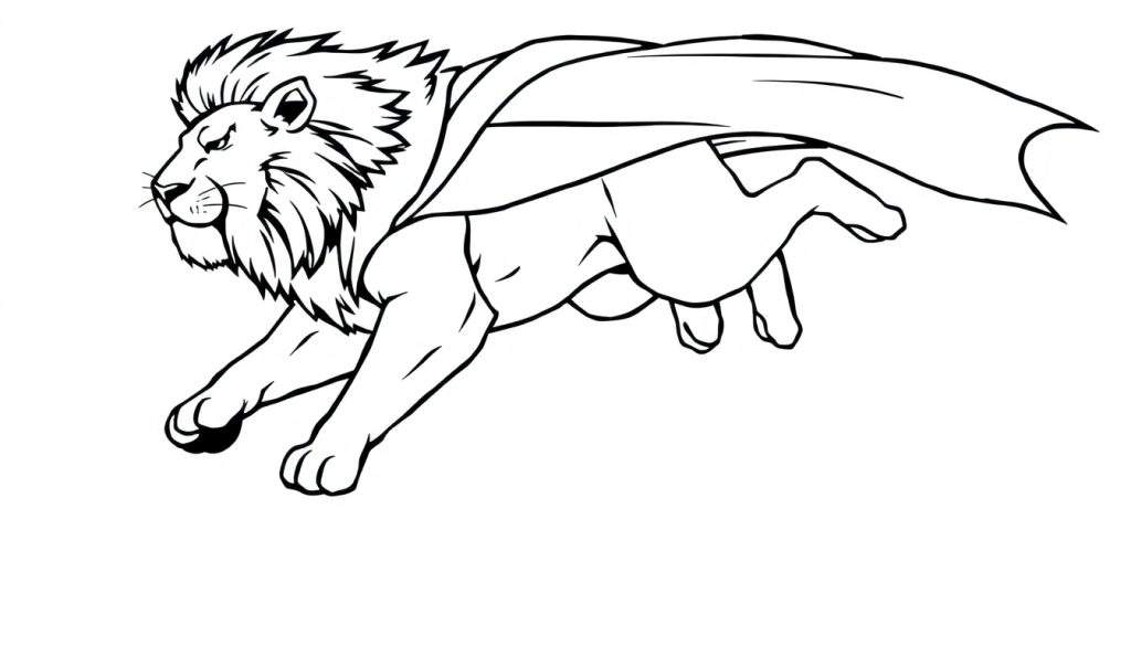 Zwart-wit lijntekening van een cartoon leeuw met een cape die in de lucht springt.
