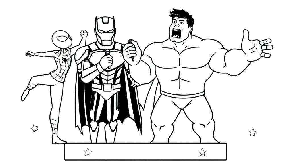 Kleurplaat van Spider-Man, Iron Man en Hulk die samen op een podium staan, met microfoons en sterren.