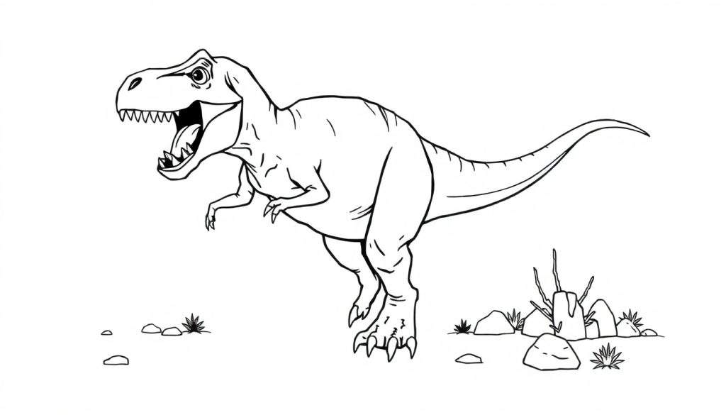 Zwart-witte kleurplaat van een brullende Tyrannosaurus Rex met wijd opengesperde bek, scherpe tanden, kleine voorpoten, krachtige achterpoten en lange staart, staand op een ondergrond met stenen en gras.