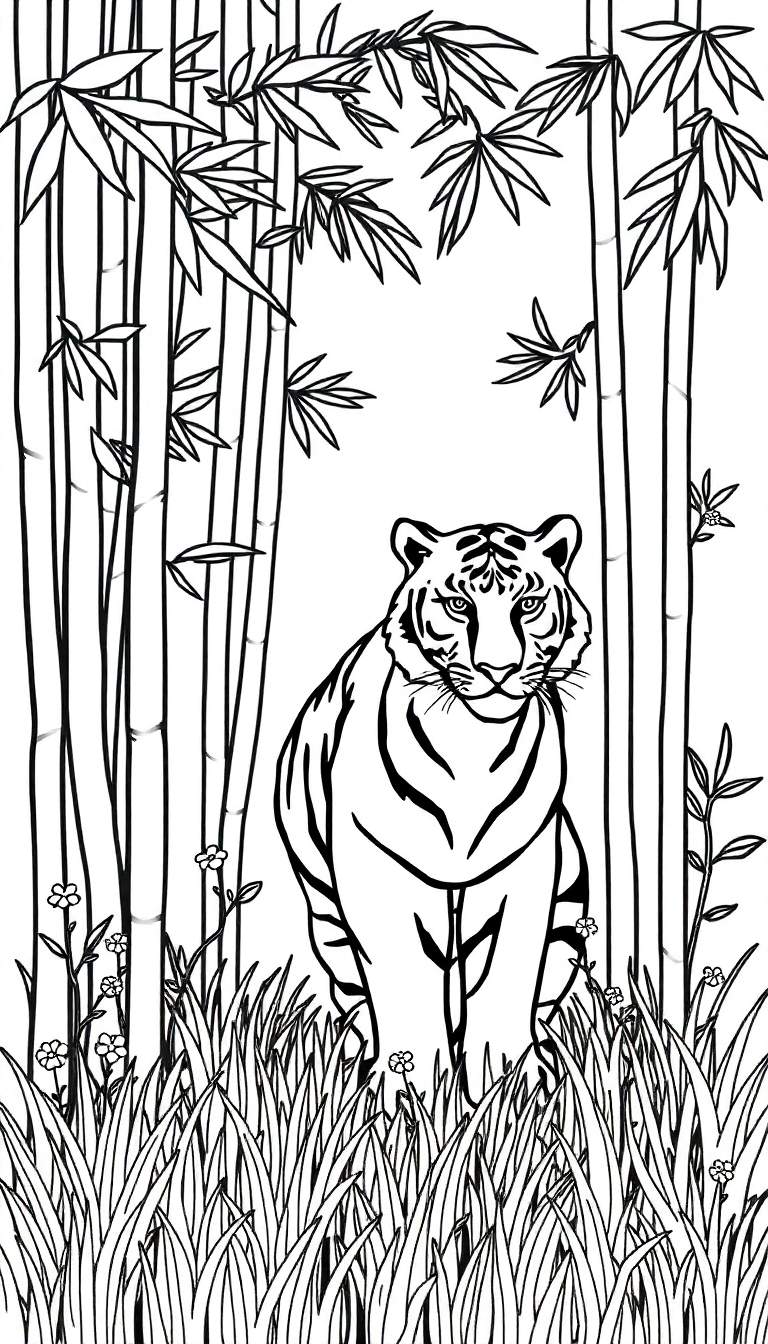 Lijntekening van een tijger die in een bamboebos zit, met bamboestengels, bladeren en bloemen op de voorgrond.