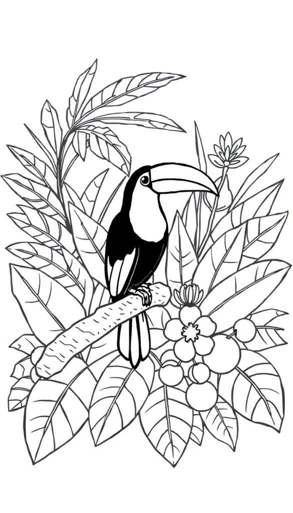 Zwart-wit lijntekening van een toekan zittend op een tak, omringd door tropische bladeren, bloemen en vruchten, klaar om ingekleurd te worden.