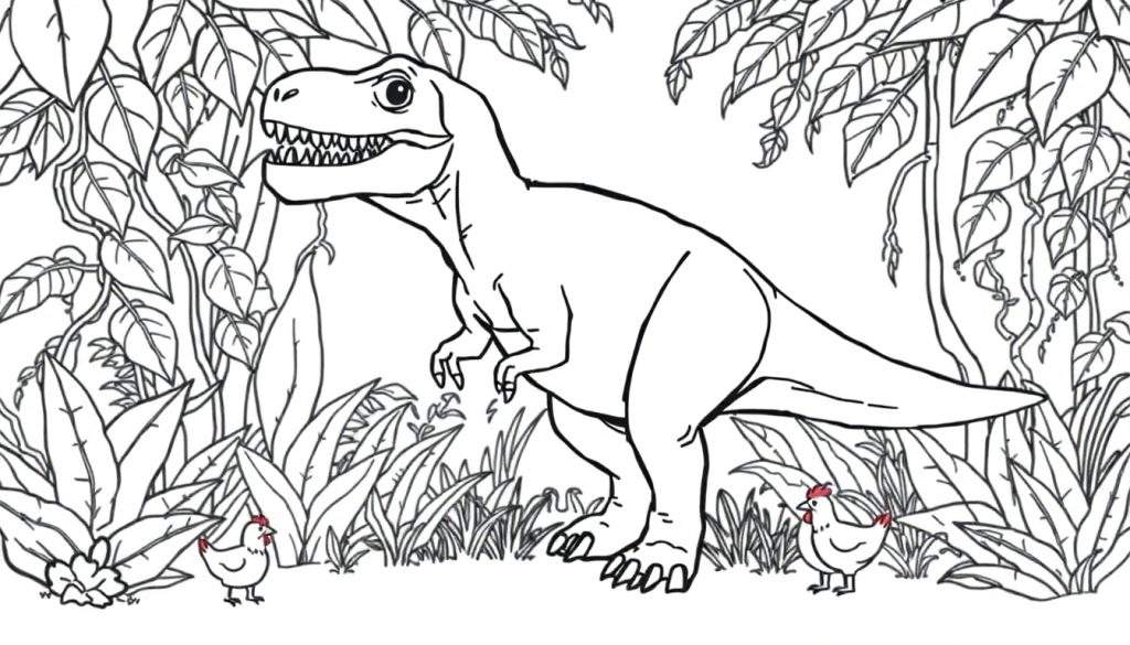 Zwart-wit kleurplaat van een grote Tyrannosaurus Rex met opengesperde bek in een jungle, geflankeerd door twee kleine kippen.
