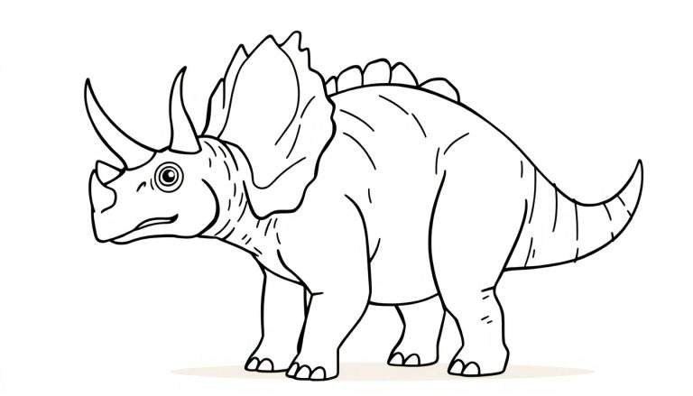 Zwart-wit lijntekening van een cartoonachtige Triceratops dinosaurus, staand op vier poten met drie hoorns op zijn kop en een brede nekplaat.