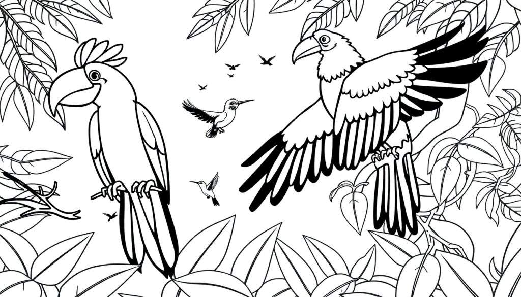 Kleurplaat van een jungle met twee grote papegaai-achtige vogels, kolibries en tropische bladeren.