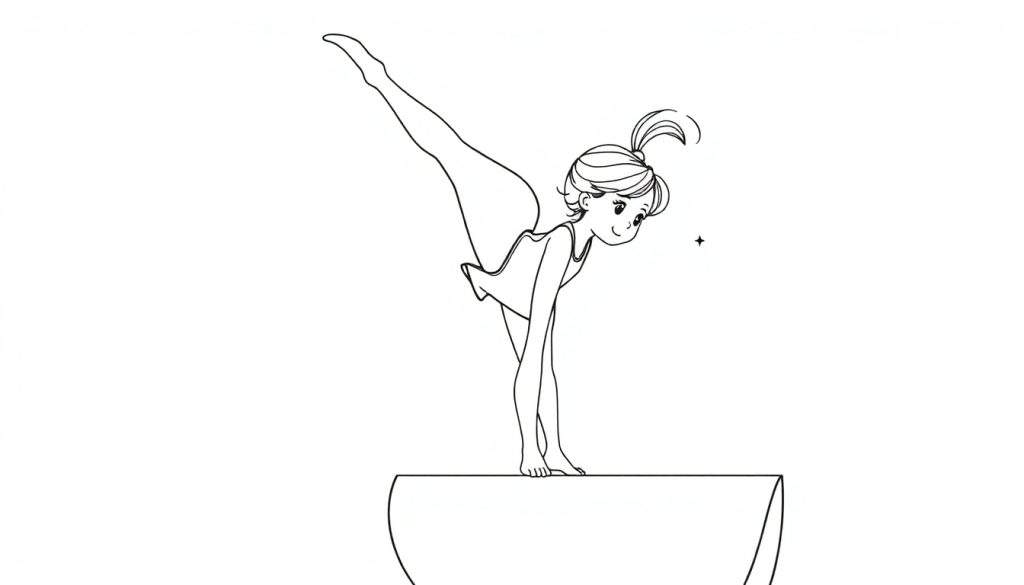 Zwart-wit lijntekening van een meisje dat een turnhouding uitvoert op een evenwichtsbalk met haar linkerbeen hoog naar achteren gestrekt en een vriendelijke glimlach.