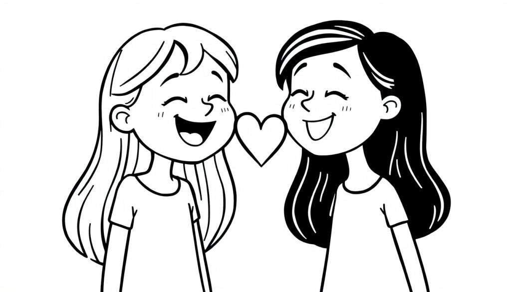 Zwart-witte lijntekening van twee lachende meisjes met gesloten ogen, een hartje tussen hen in, en verschillend gekleurd haar: één met licht, golvend haar en de ander met donker, effen haar.
