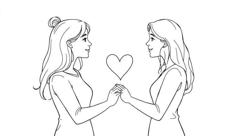 Zwart-wit lijntekening van twee vrouwen die elkaars handen vasthouden met een hartje ertussen, die naar elkaar glimlachen.