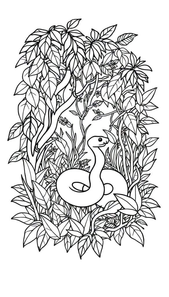 Zwart-wit lijntekening van een vriendelijke slang, opgerold in het midden, omringd door grote en kleine bladeren, lianen en takken die een jungle- of bosachtige sfeer oproepen.