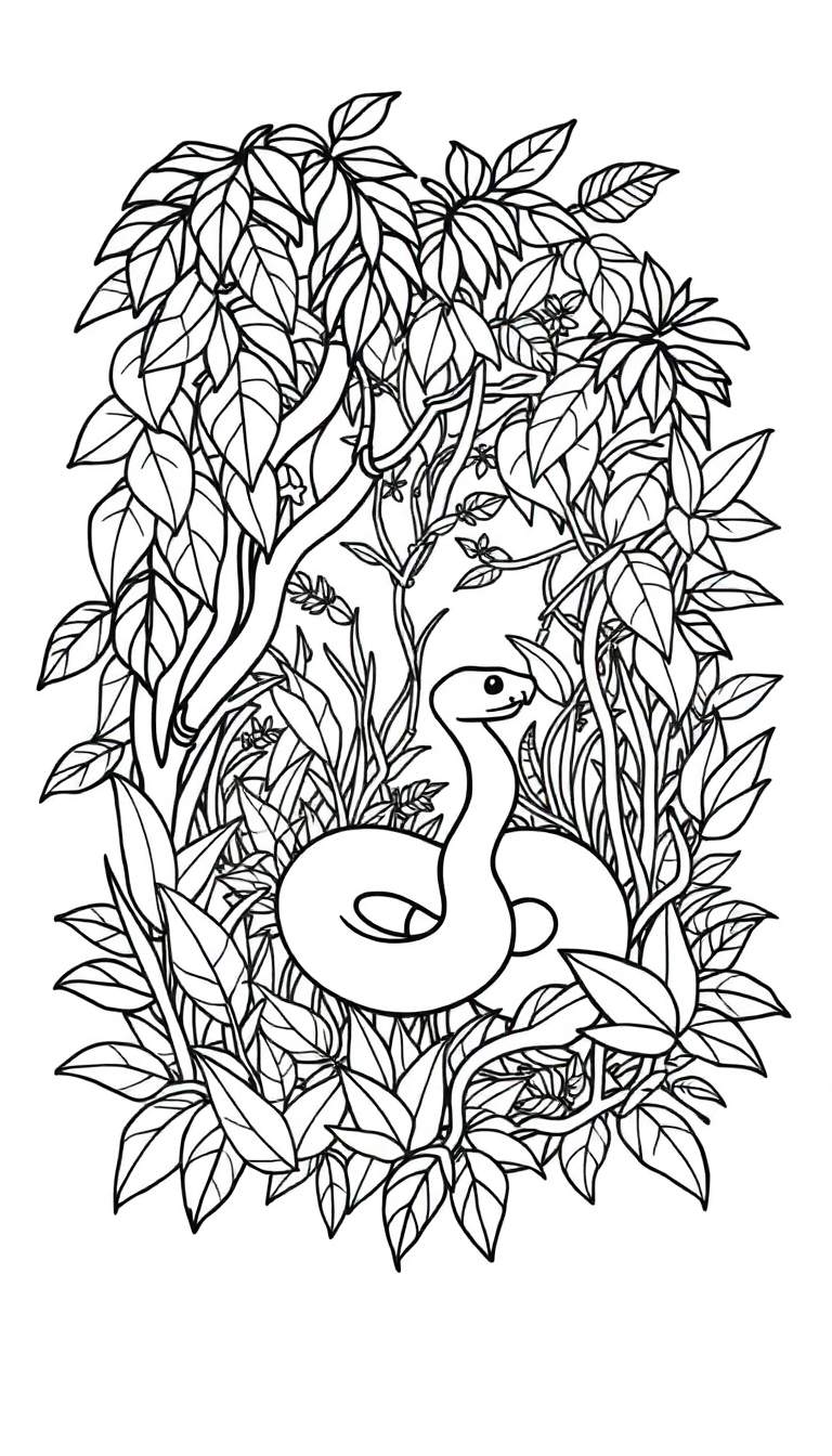 Zwart-wit lijntekening van een vriendelijke slang, opgerold in het midden, omringd door grote en kleine bladeren, lianen en takken die een jungle- of bosachtige sfeer oproepen.