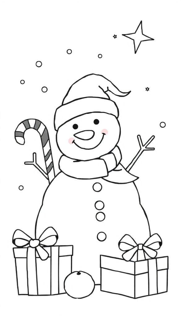 Kleurplaat van een lachende sneeuwpop met kerstmuts, sjaal, knoopjes en takkenarmen, naast een gestreepte zuurstok, twee cadeautjes en een sinaasappel, met sneeuwvlokken en sterren in de lucht.