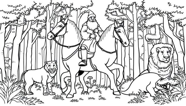 Kleurplaat van een man met lange baard en puntmuts, rijdend op een paard en een ander paard leidend, in een dicht bos met een luipaard, luiaard, leeuw en krokodil.