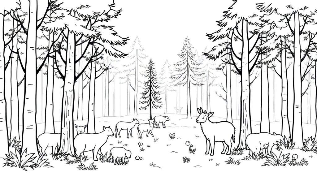 Zwart-wit kleurplaat van een boslandschap met veel bomen, een groep reeën/herten, een dier met geweien en een wild zwijn. De bosgrond is bedekt met planten, steentjes, hartjes en vlinders.