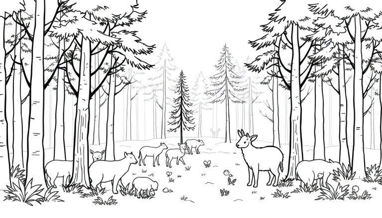 Zwart-wit kleurplaat van een boslandschap met veel bomen, een groep reeën/herten, een dier met geweien en een wild zwijn. De bosgrond is bedekt met planten, steentjes, hartjes en vlinders.