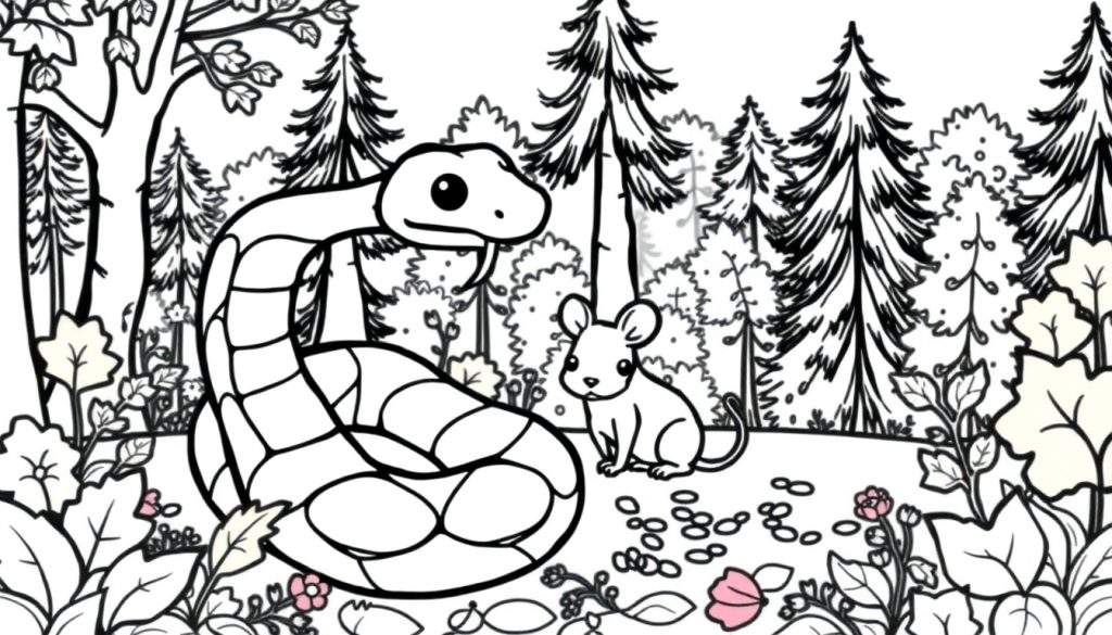 Kleurplaat van een boslandschap met een opgerolde slang aan de linkerkant en een kleine muis ernaast. De achtergrond toont diverse bomen, struiken en bloemen op de grond.