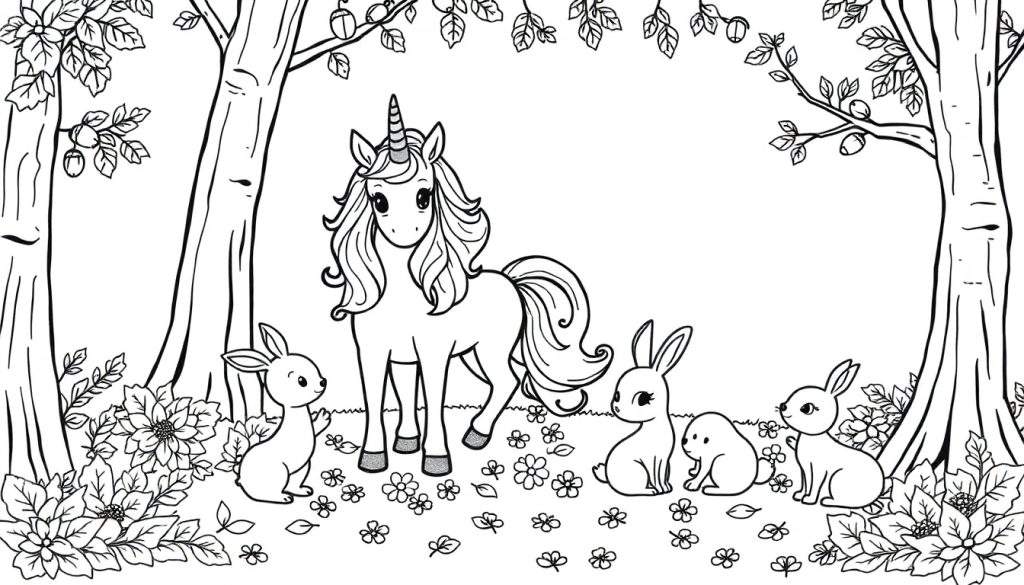 Kleurplaat van een schattige eenhoorn met golvende manen en staart, staand in een magisch bos met bloemen, bladeren en vier konijntjes.