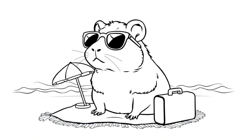 Kleurplaat van een hamster met zonnebril op een strandkleedje, met een parasolletje en koffer, en de zee op de achtergrond.