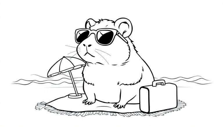 Kleurplaat van een hamster met zonnebril op een strandkleedje, met een parasolletje en koffer, en de zee op de achtergrond.