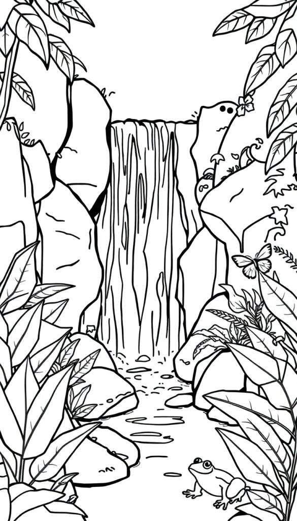 Zwart-wit kleurplaat van een waterval in een jungle met rotsen, veel groen gebladerte, klimplanten, een beekje met stenen, twee vlinders, een kikker en een klein grappig wezentje.