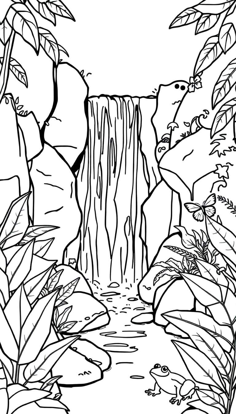 Zwart-wit kleurplaat van een waterval in een jungle met rotsen, veel groen gebladerte, klimplanten, een beekje met stenen, twee vlinders, een kikker en een klein grappig wezentje.
