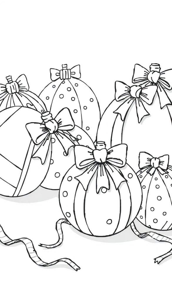 Zwart-witte kleurplaat van kerstballen met strikken, stippen en strepen patronen, liggend op lintjes.