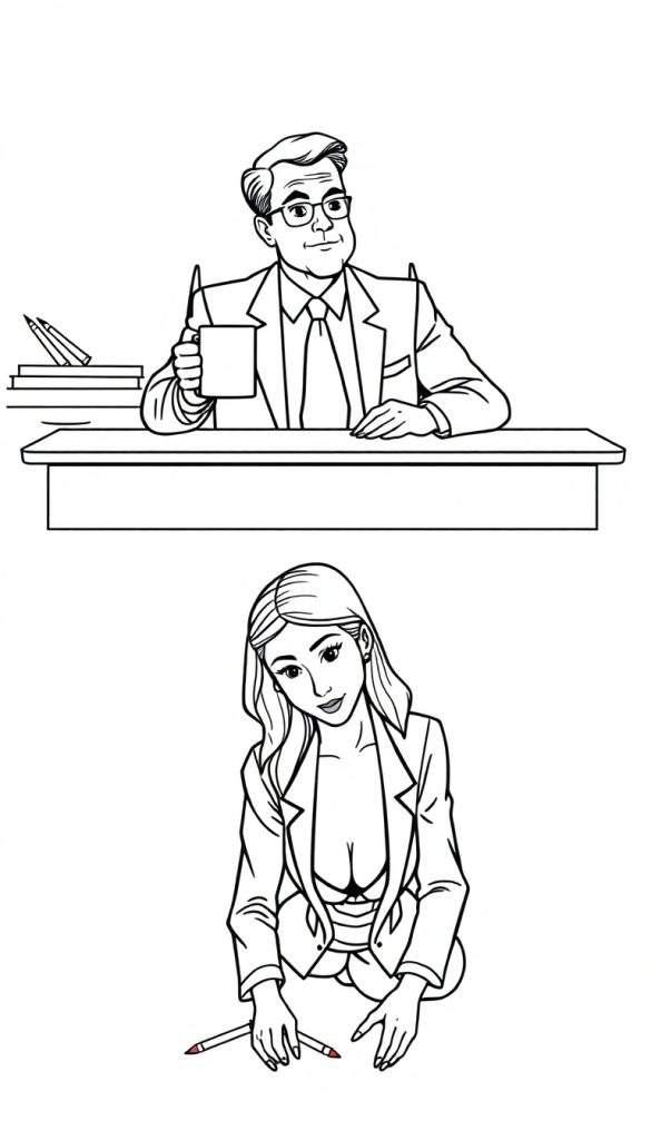 Zwart-wit kleurplaat met twee scènes. Boven een man achter een bureau met boeken, beneden een vrouw gehurkt met een potlood.