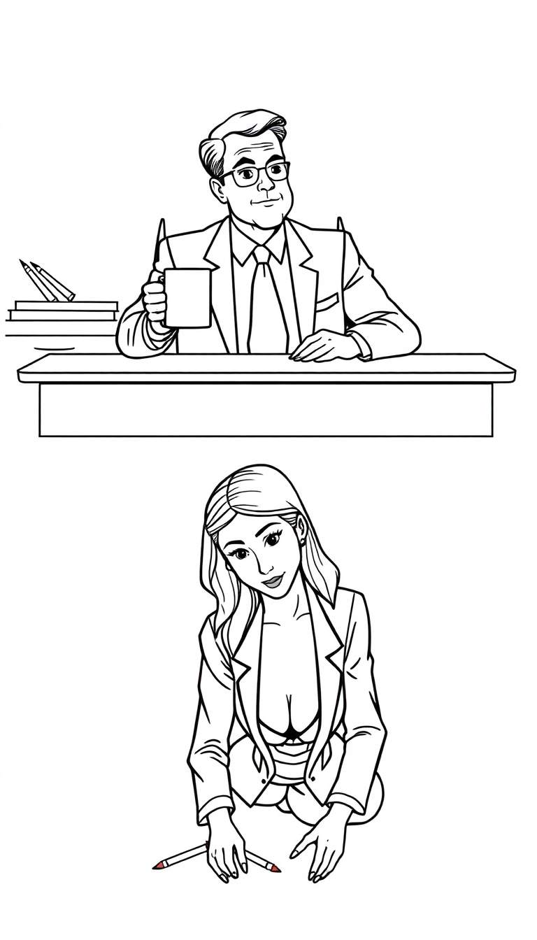 Zwart-wit kleurplaat met twee scènes. Boven een man achter een bureau met boeken, beneden een vrouw gehurkt met een potlood.