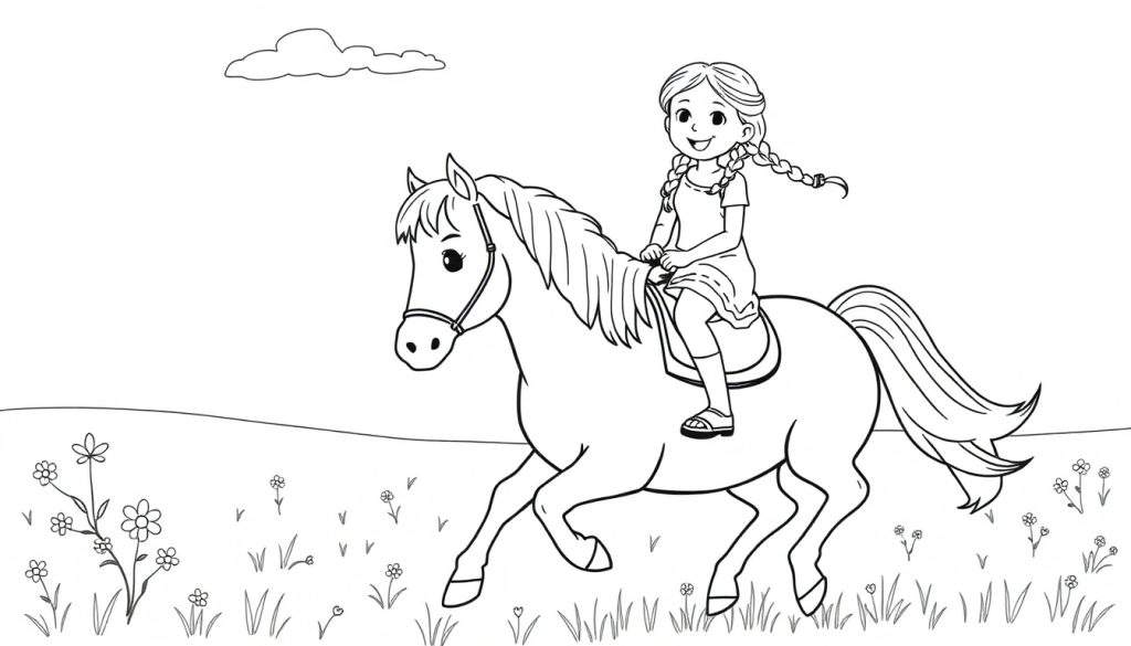 Kleurplaat van een lachend meisje met vlechtjes die op een rennend paard rijdt. Op de achtergrond een veld met bloemen en een wolk.