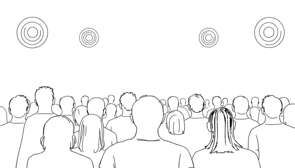 Zwart-wit lijntekening van een menigte mensen van achteren gezien, kijkend naar vier cirkelvormige doelen of geluidsgolfsymbolen in de lucht.